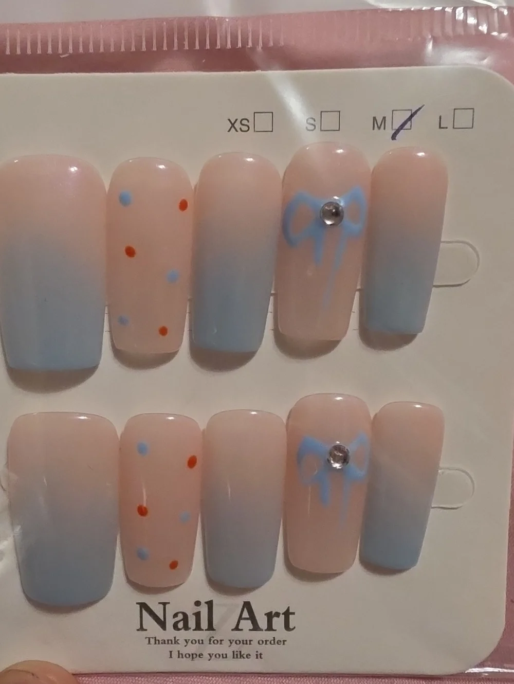Soft Ombre Pink & Blue Press-On Nails with Bow Accent